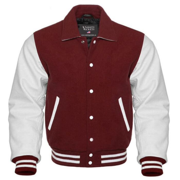 Maroon and White Ladies Retro Varsity Jacket