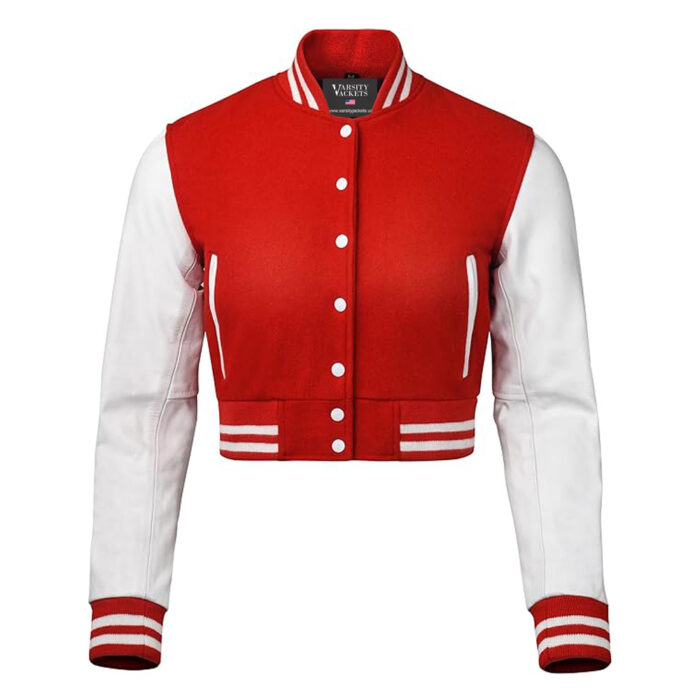 Red Cropped Varsity Jacket Women